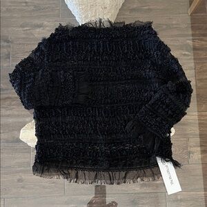 Black Textured 3/4 Sleeve Fancy Top w/Braiding and Chiffon